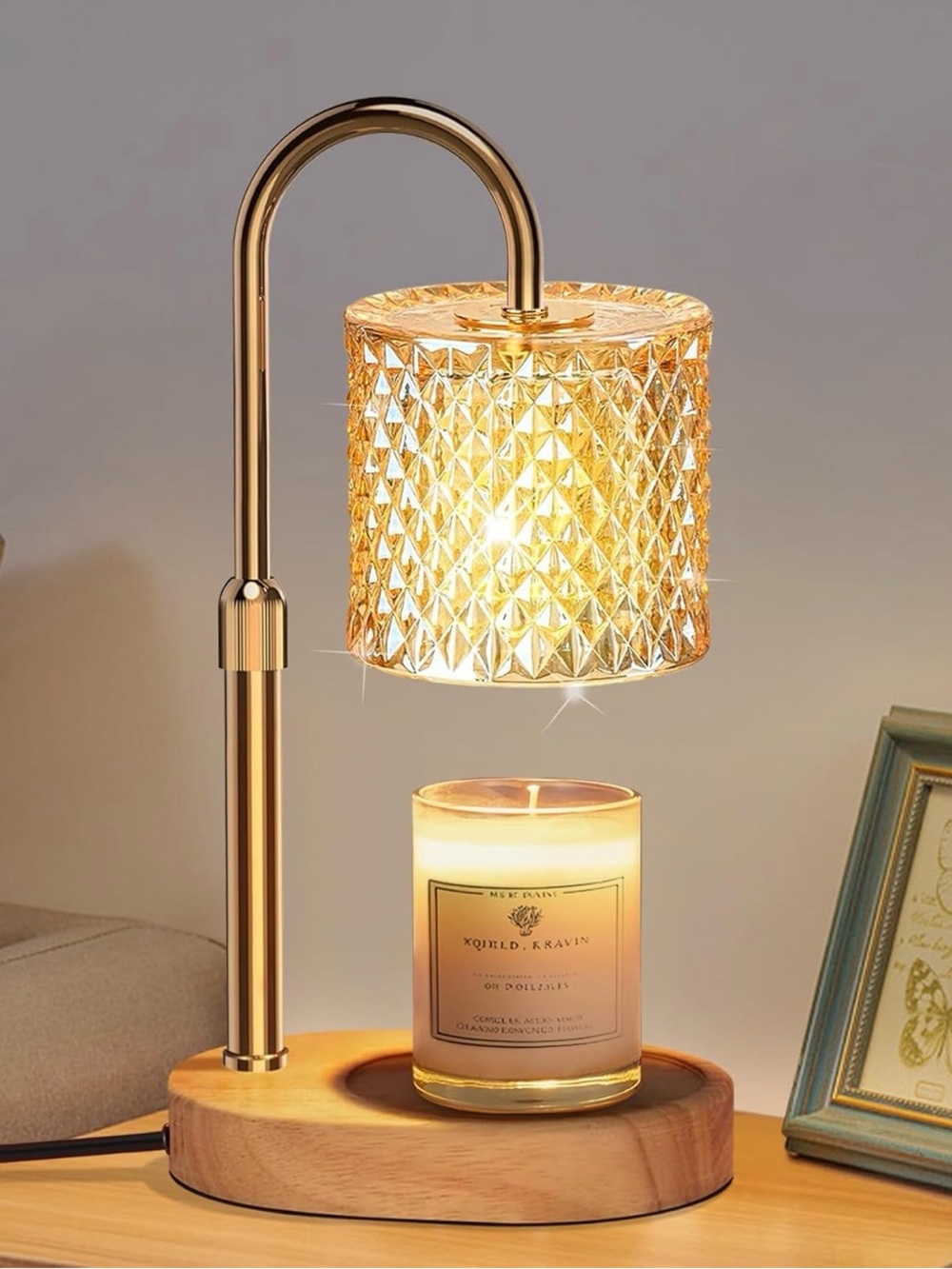 Candle Warmer Gold Crystal with Wood Base